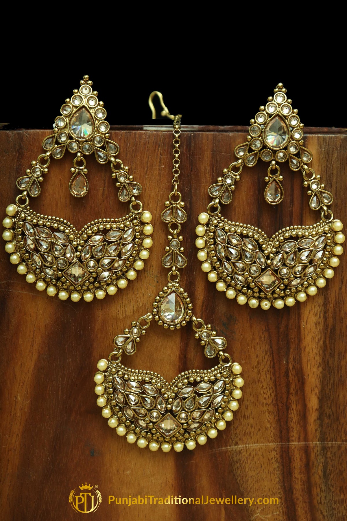 Gold Finished Champagne Stone Earring Tikka Set By Punjabi Traditional Jewellery