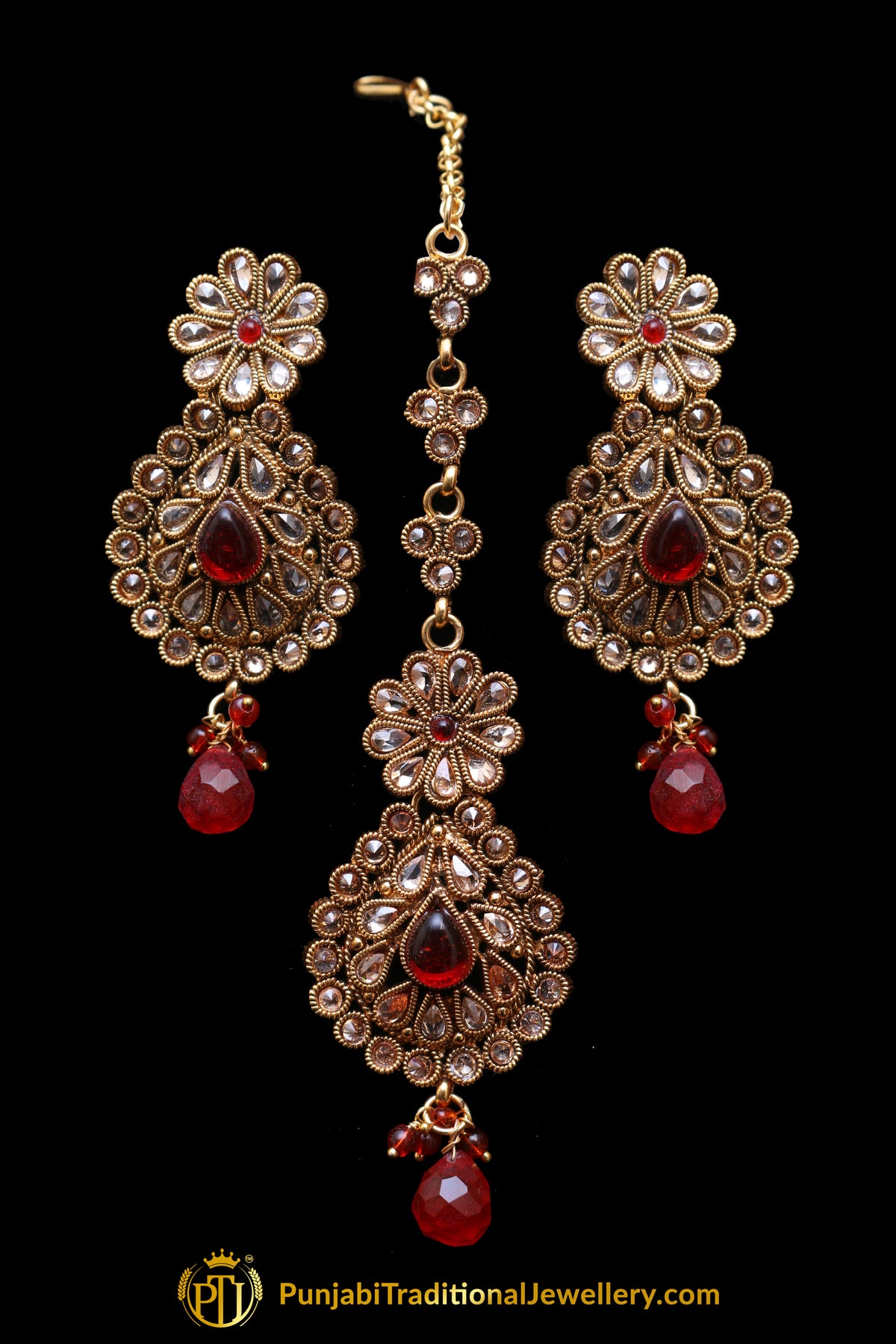 Red Champagne Stone Earring Tikka Set By Punjabi Traditional Jewellery