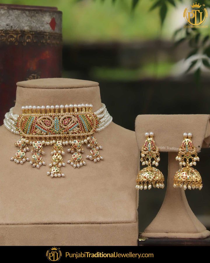 Gold Finished Navratan Pearl Choker Necklace Set | Punjabi Traditional Jewellery Exclusive