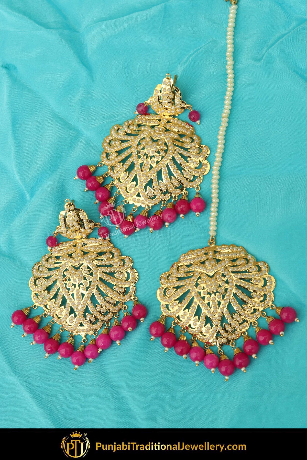Gold Finished Pink Jadau Pearl Earring Tikka Set | Punjabi Traditional Jewellery Exclusive