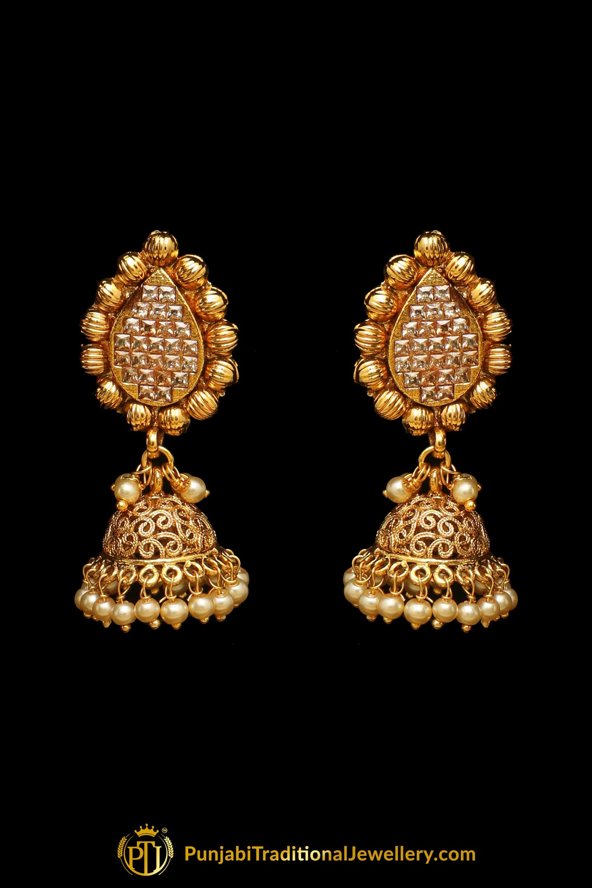 Pearl Champagne Stone Jhumki Necklace Set By Punjabi Taditional Jewellery