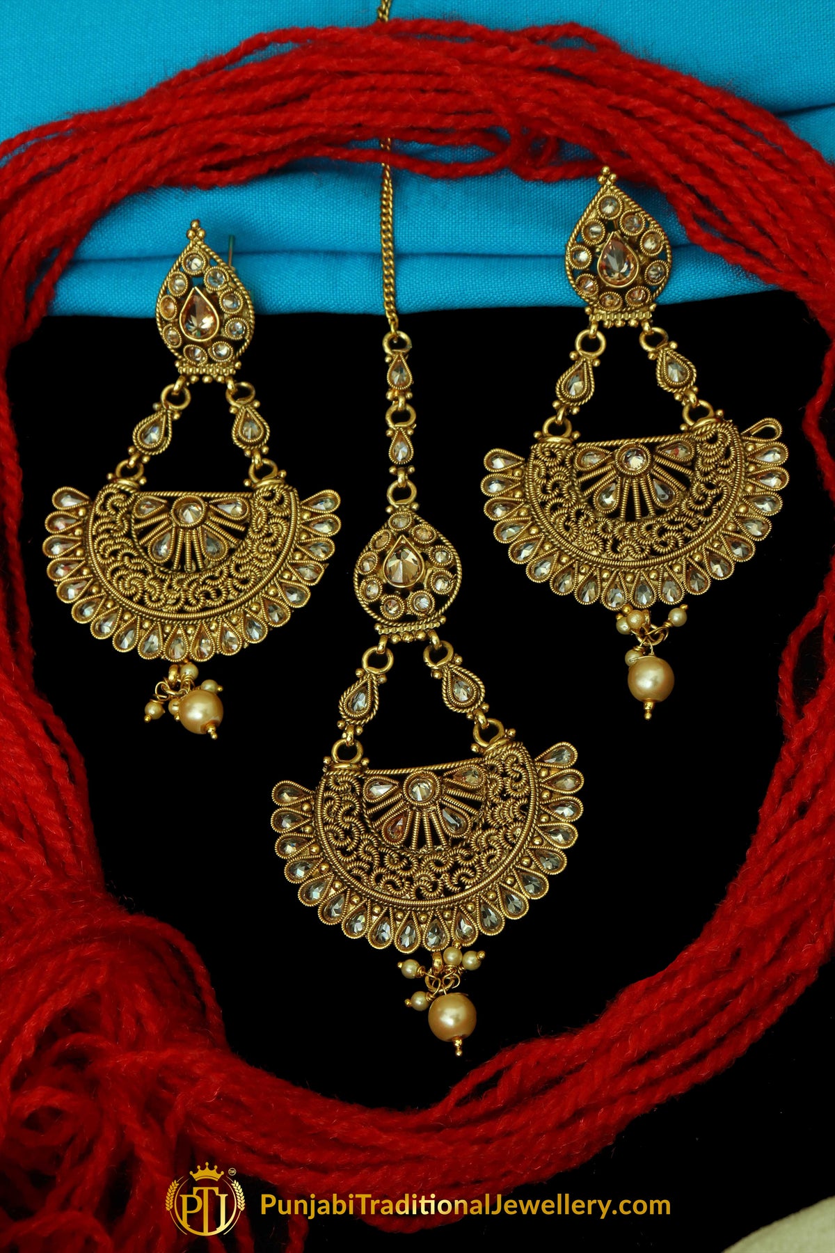 Golden Polki Earrings Tikka Set By Punjabi Traditional Jewellery