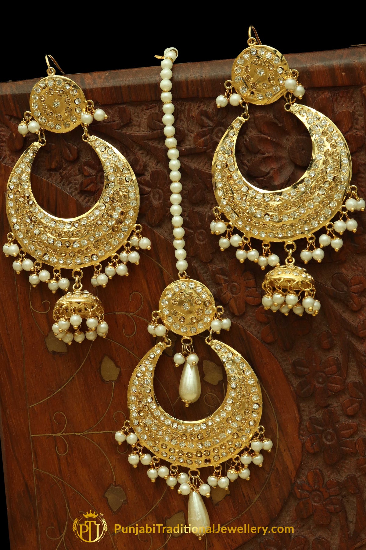 Golden Jadau Pearl Earring Tikka Set By Punjabi Traditional Jewellery