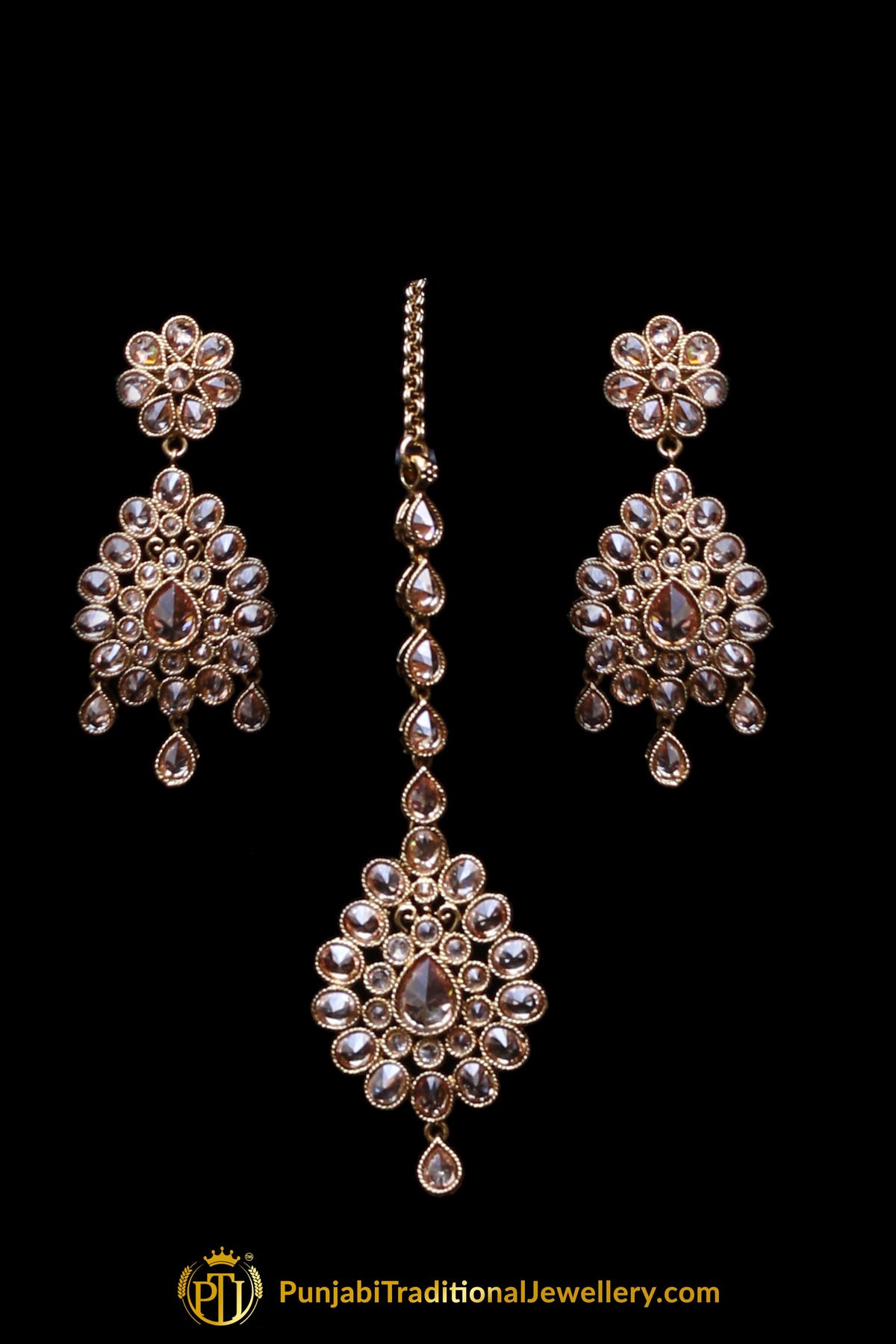 Golden Champagne Stone Necklace Set By Punjabi Traditional Jewellery