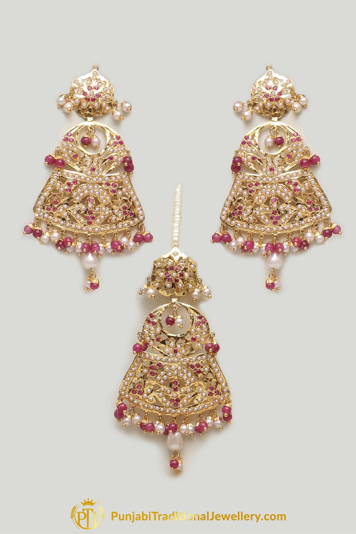 Red Jadau Pearl Necklace Set By Punjabi Taditional Jewellery