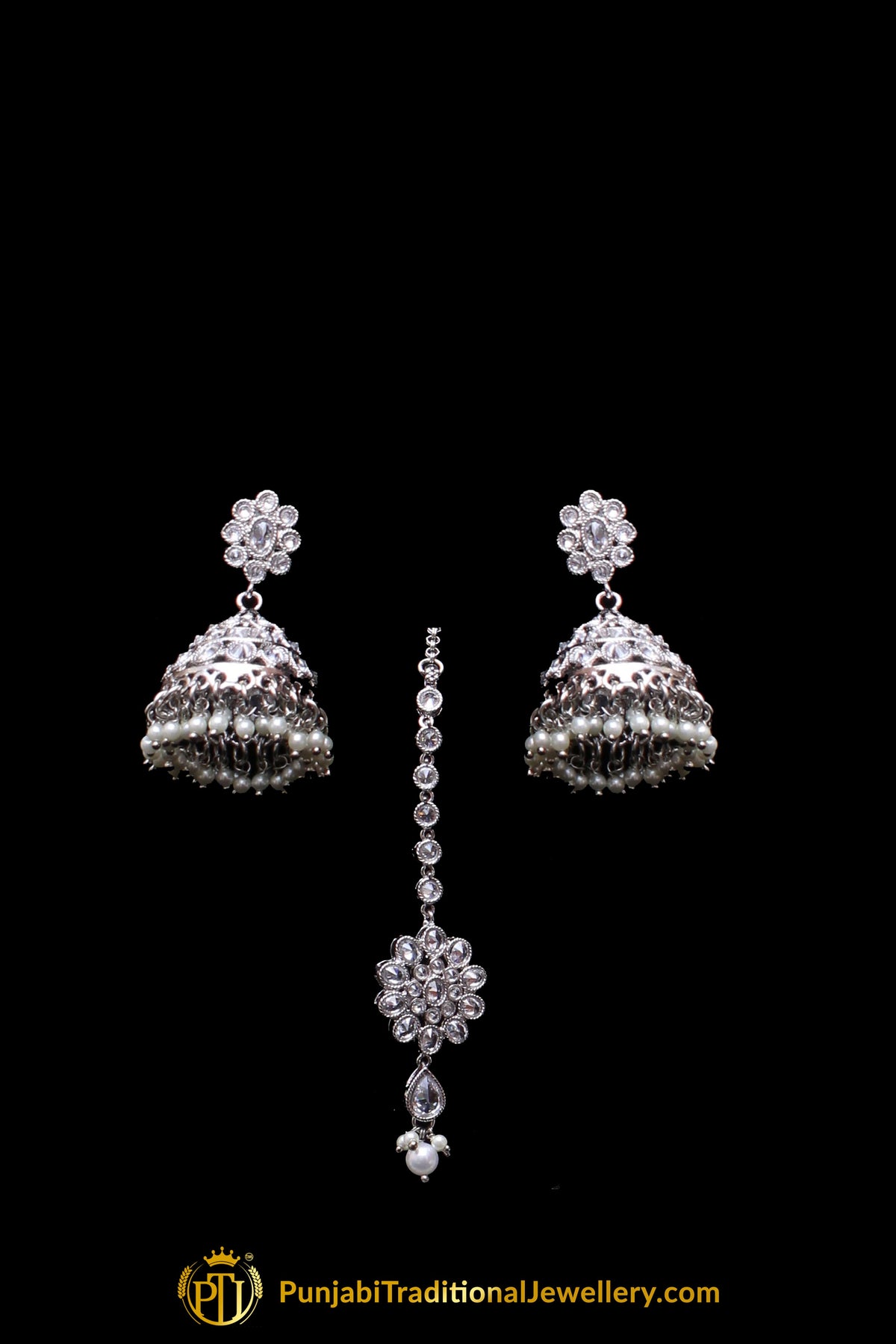 Silver Polki Pearl Necklace Set By Punjabi Traditional Jewellery
