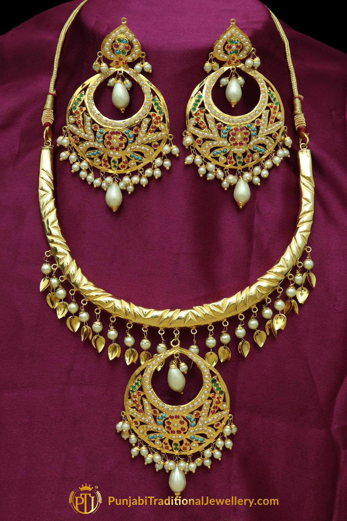 Haniyah Navratan Pippal Patti Hasli Necklace, Tikka & Earrings | Punjabi Traditional Jewellery Exclusive