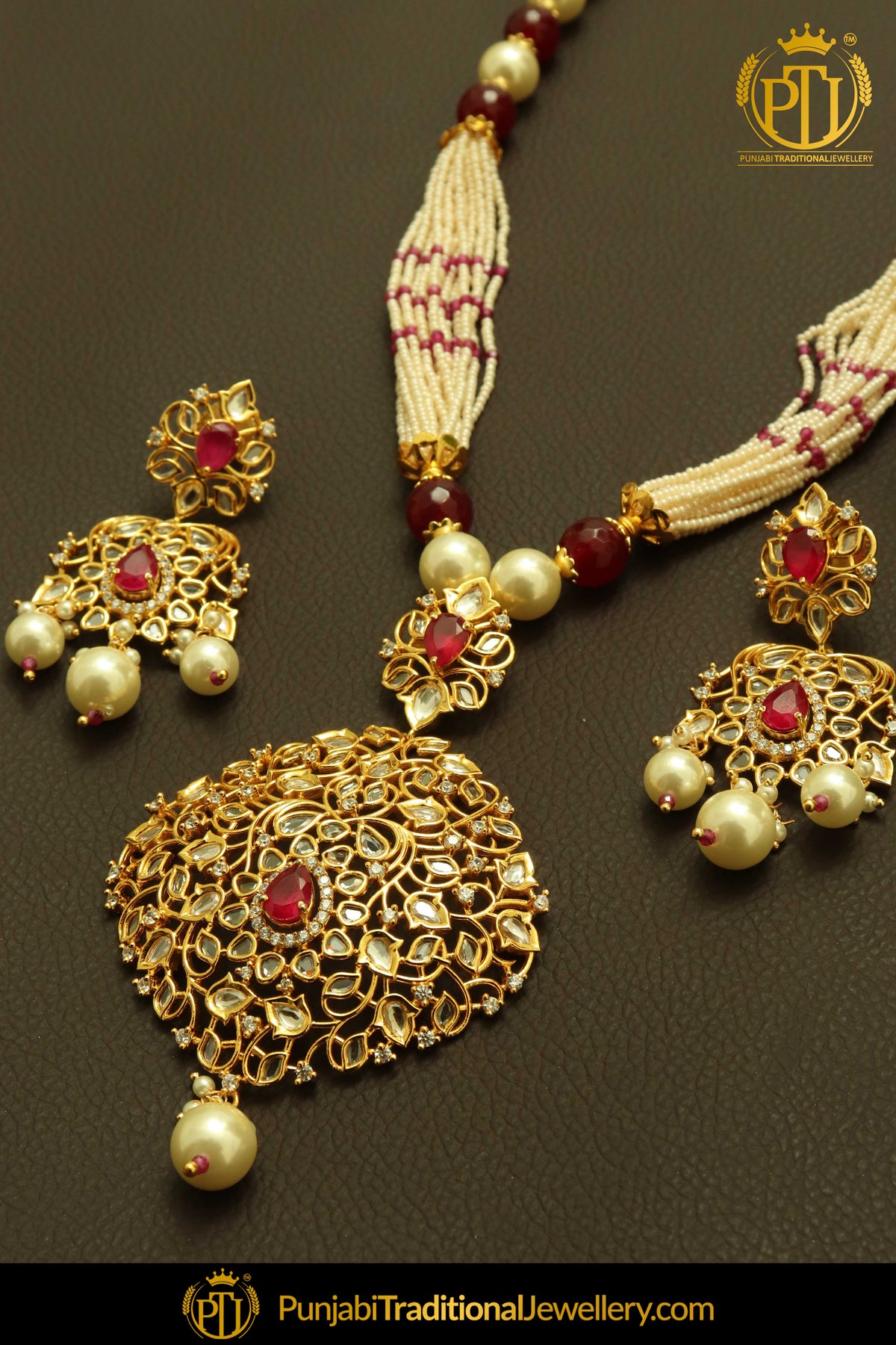 Red Matt Gold  Necklace Set By Punjabi Taditional Jewellery