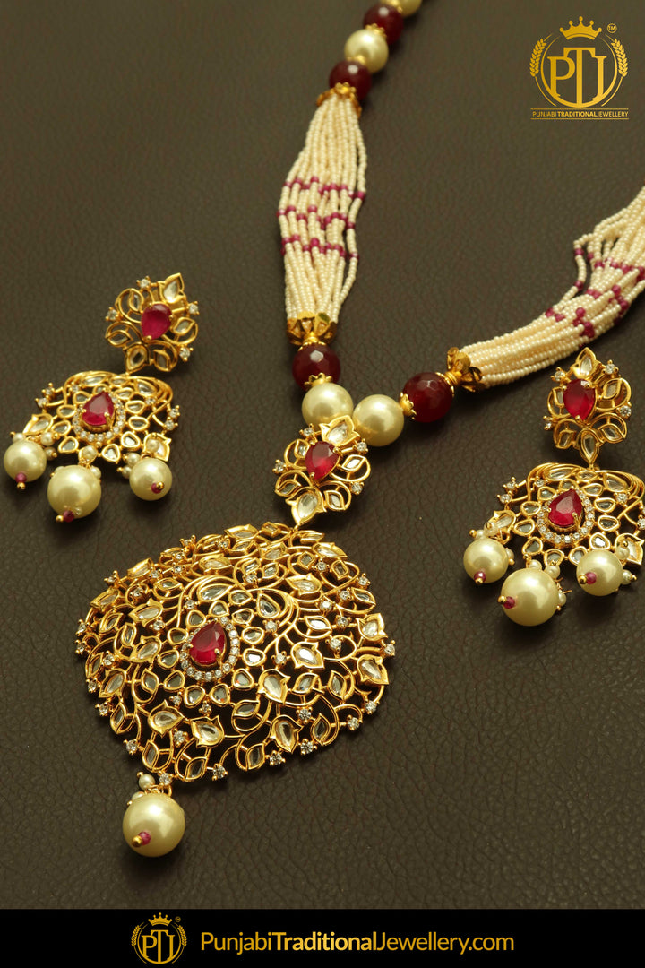 Red Matt Gold  Necklace Set By Punjabi Taditional Jewellery