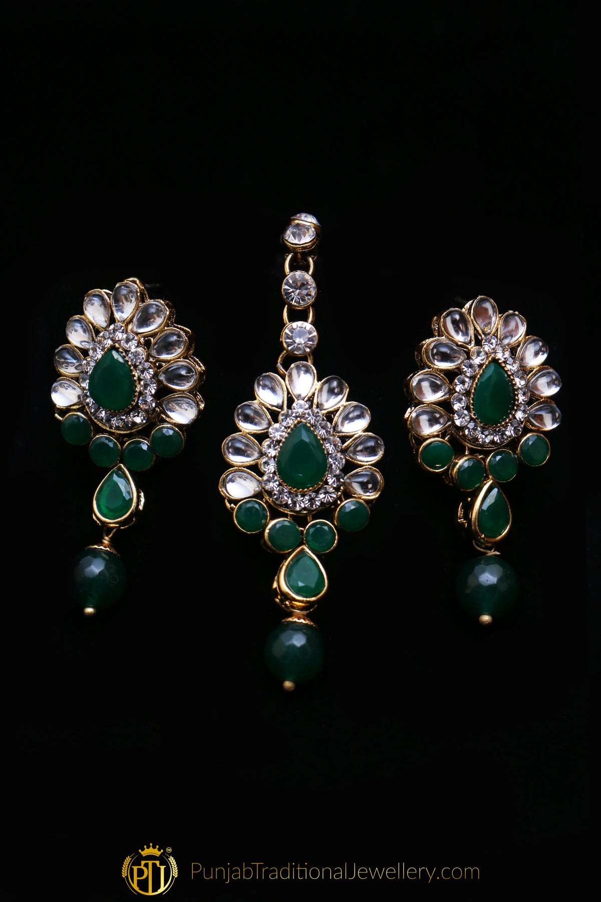 White & Green Kundan Necklace Set By Punjabi Traditional Jewellery