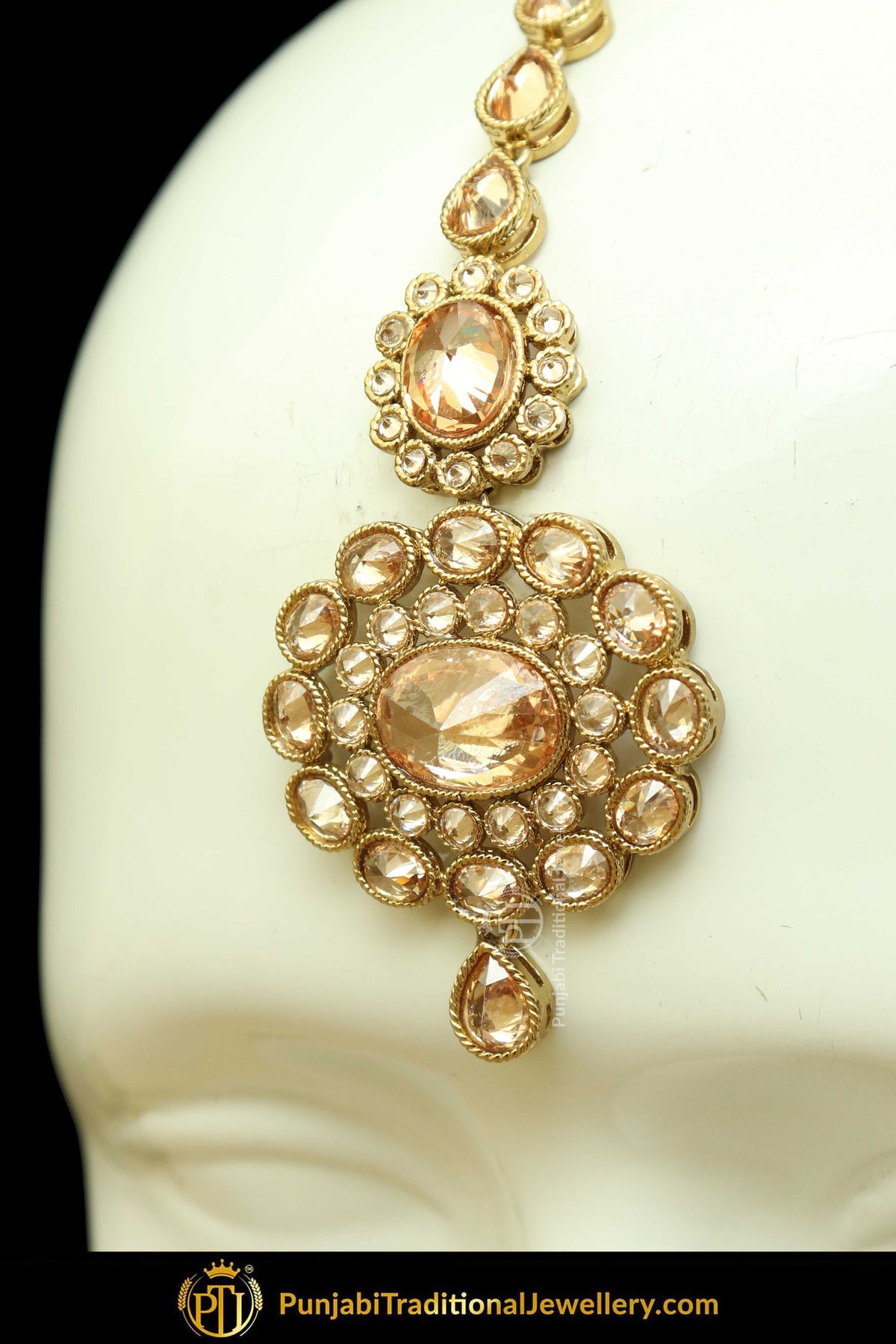 Antique Gold Finised Champagne Stone Earring Tikka Set By Punjabi Traditional Jewellery