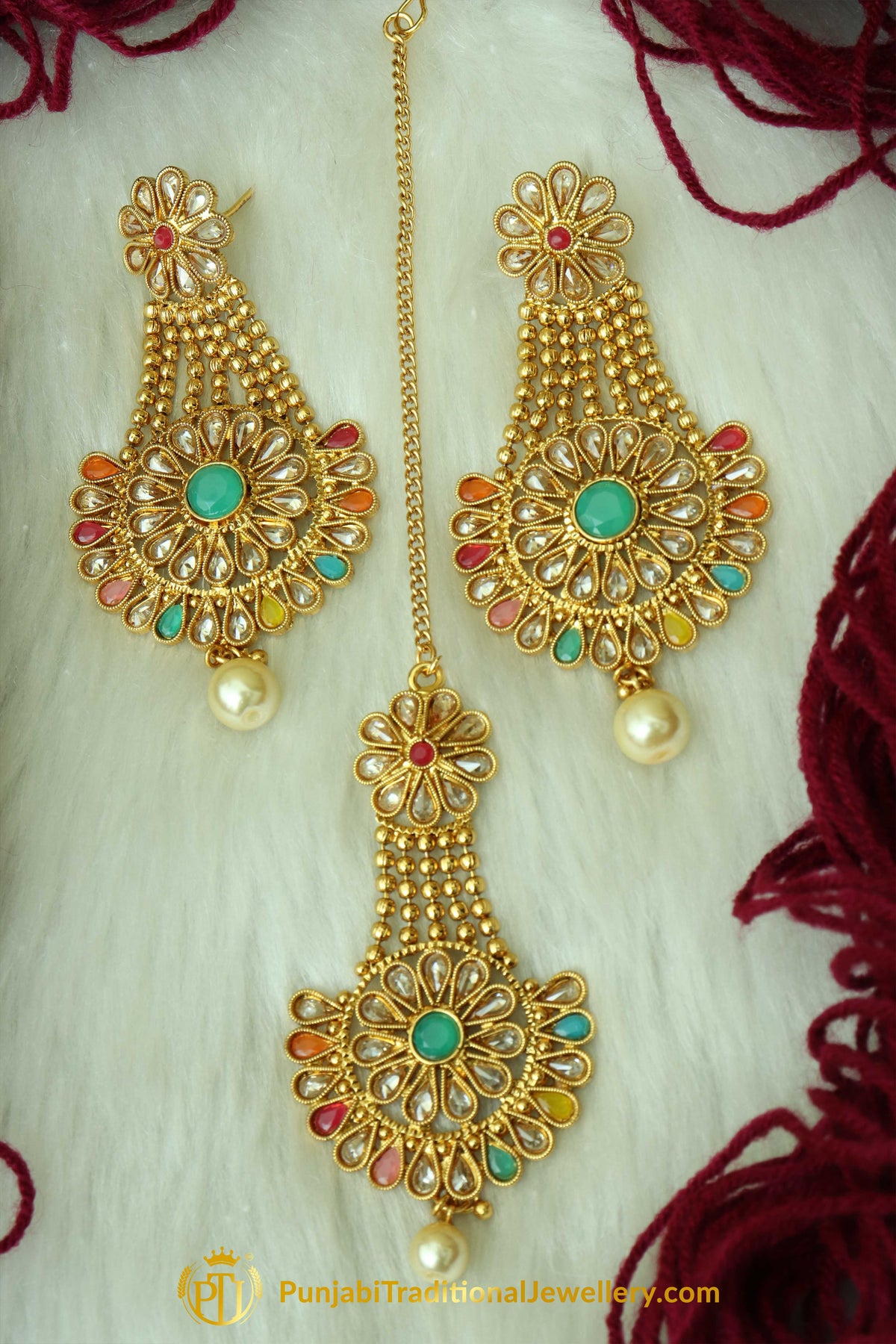Multi Polki Pearl Earrings Tikka Set By Punjabi Traditional Jewellery