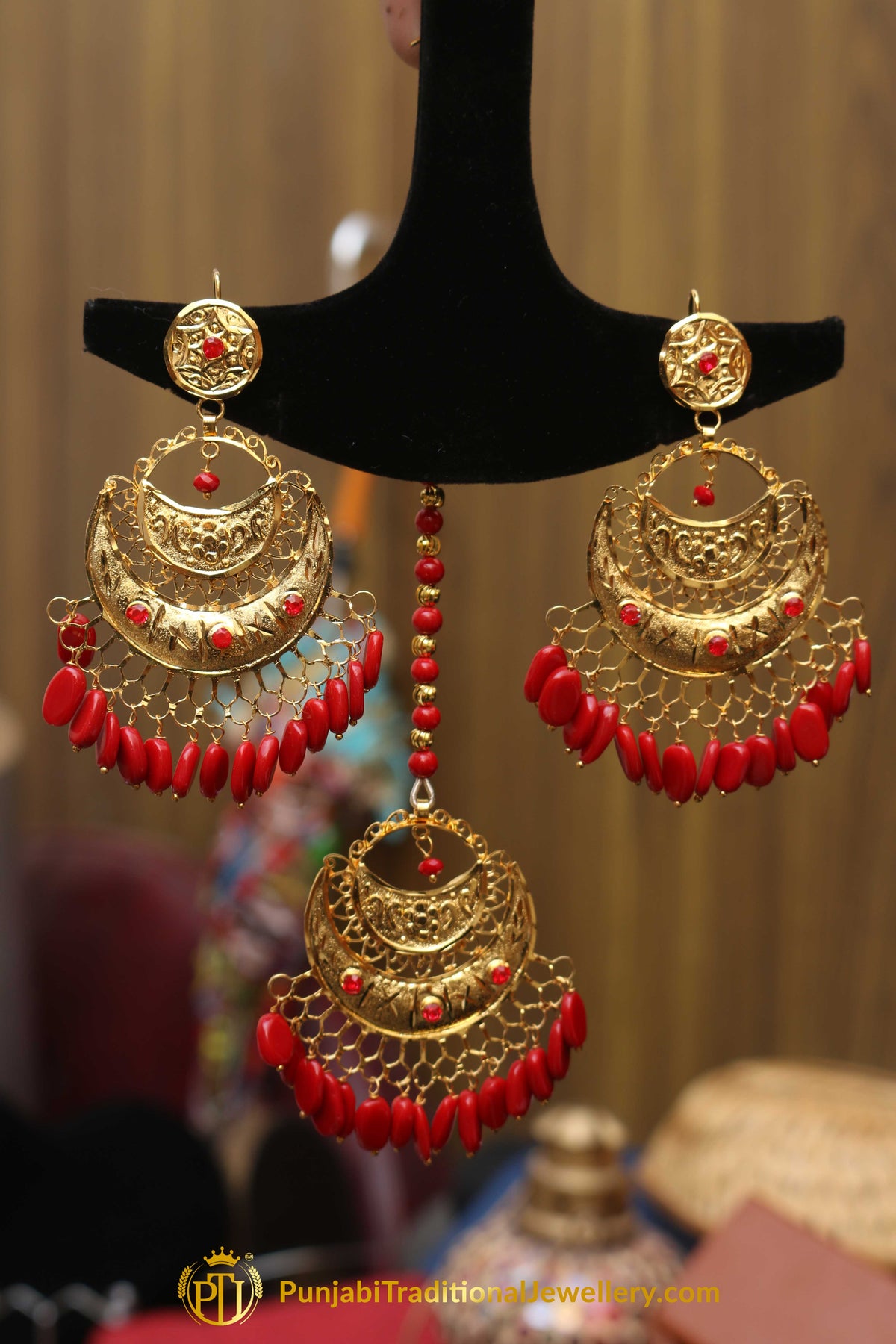 Red Earring Tikka Set By Punjabi Traditional Jewellery