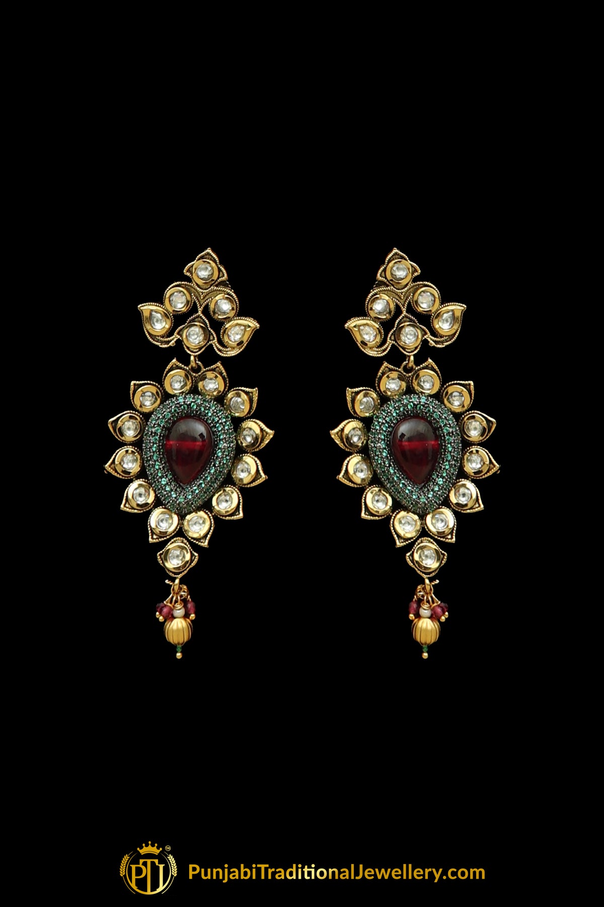 Matt Gold Red Polki Necklace Set By Punjabi Taditional Jewellery