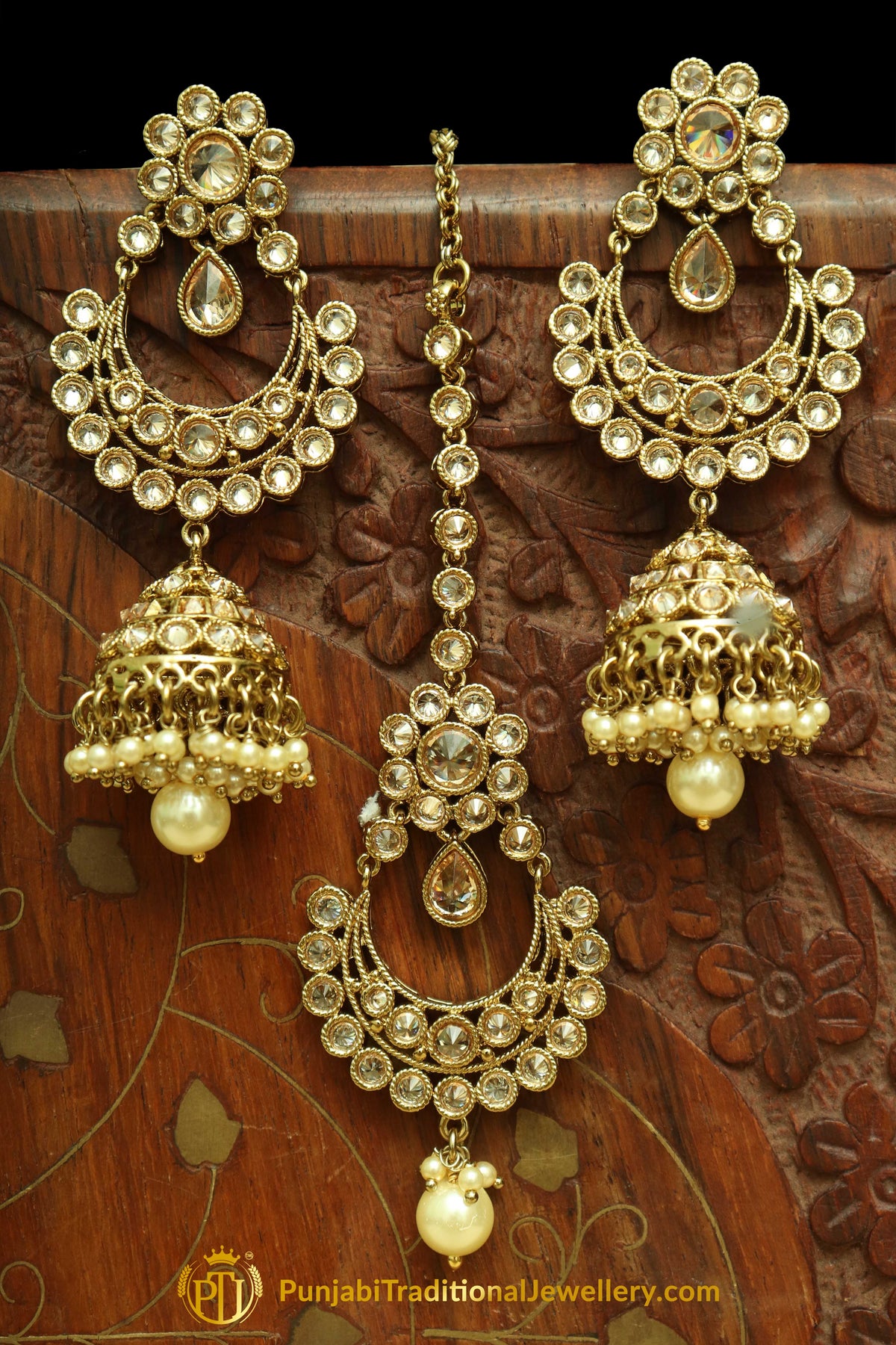 Gold Finished Champagne Stone Earring Tikka Set By Punjabi Traditional Jewellery