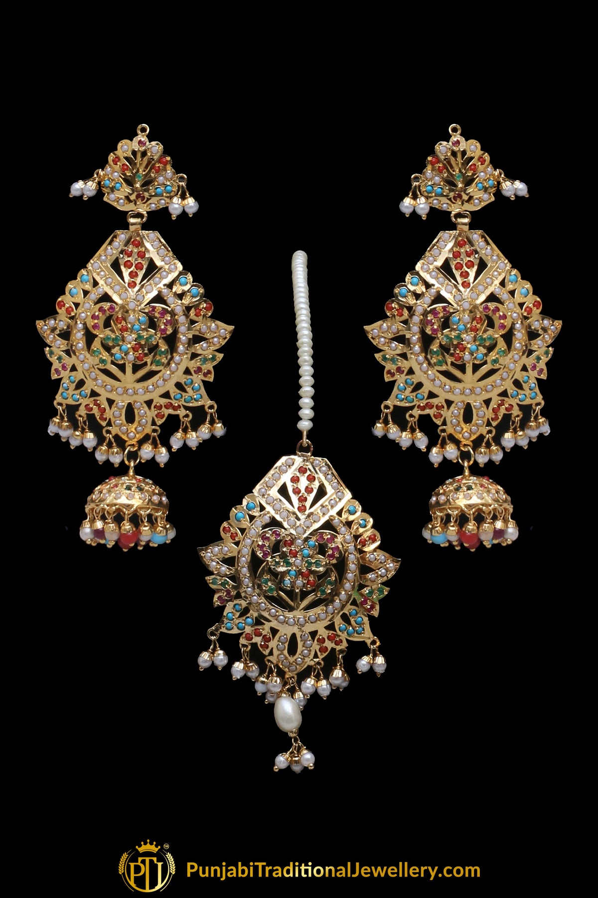 Multi Jadau Pearl Necklace Set By Punjabi Traditional Jewellery
