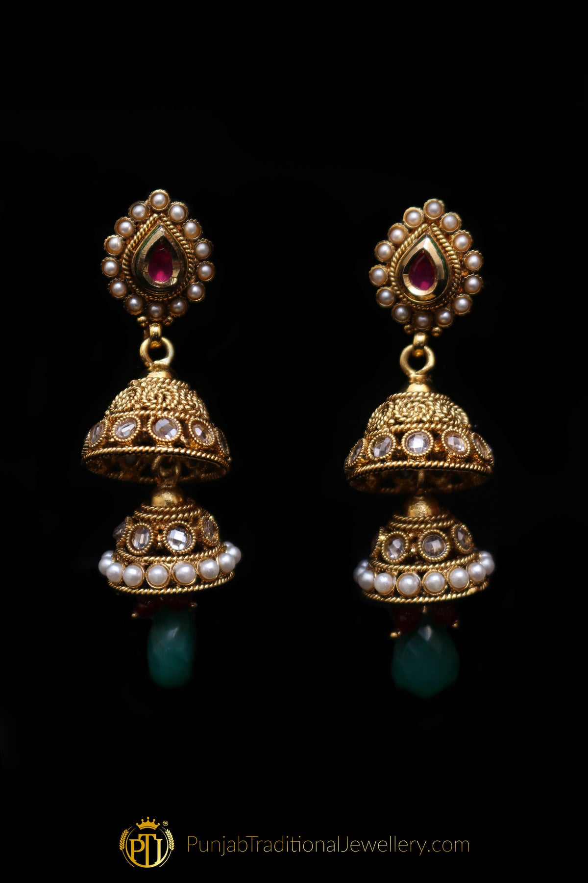 Red Green Antique Gold Polki Choker Necklace Set By Punjabi Taditional Jewellery
