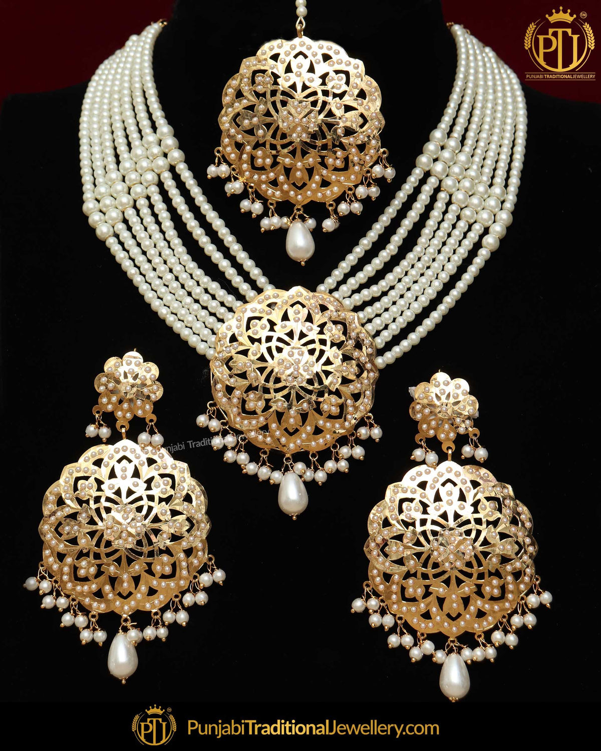 Gold Finished Jadau Pearl Necklace Set  | Punjabi Traditional Jewellery Exclusive