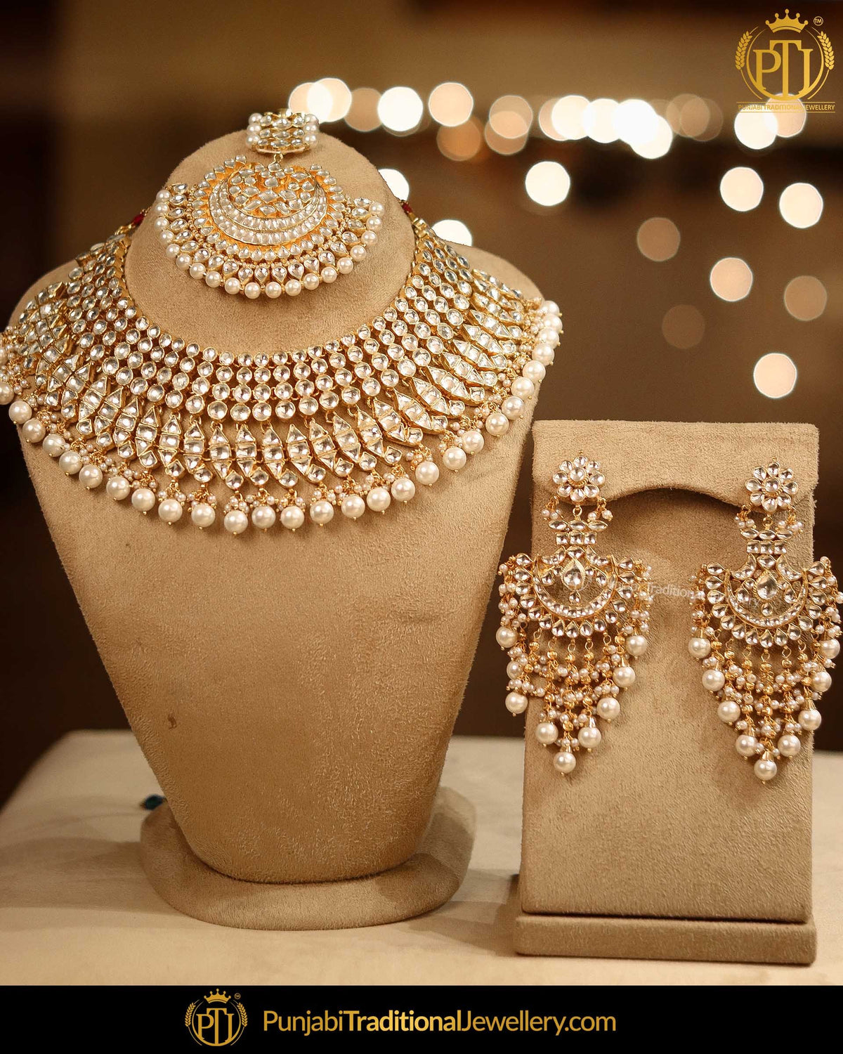 Gold Finished Kundan Pearl Necklace Set | Punjabi Traditional Jewellery Exclusive