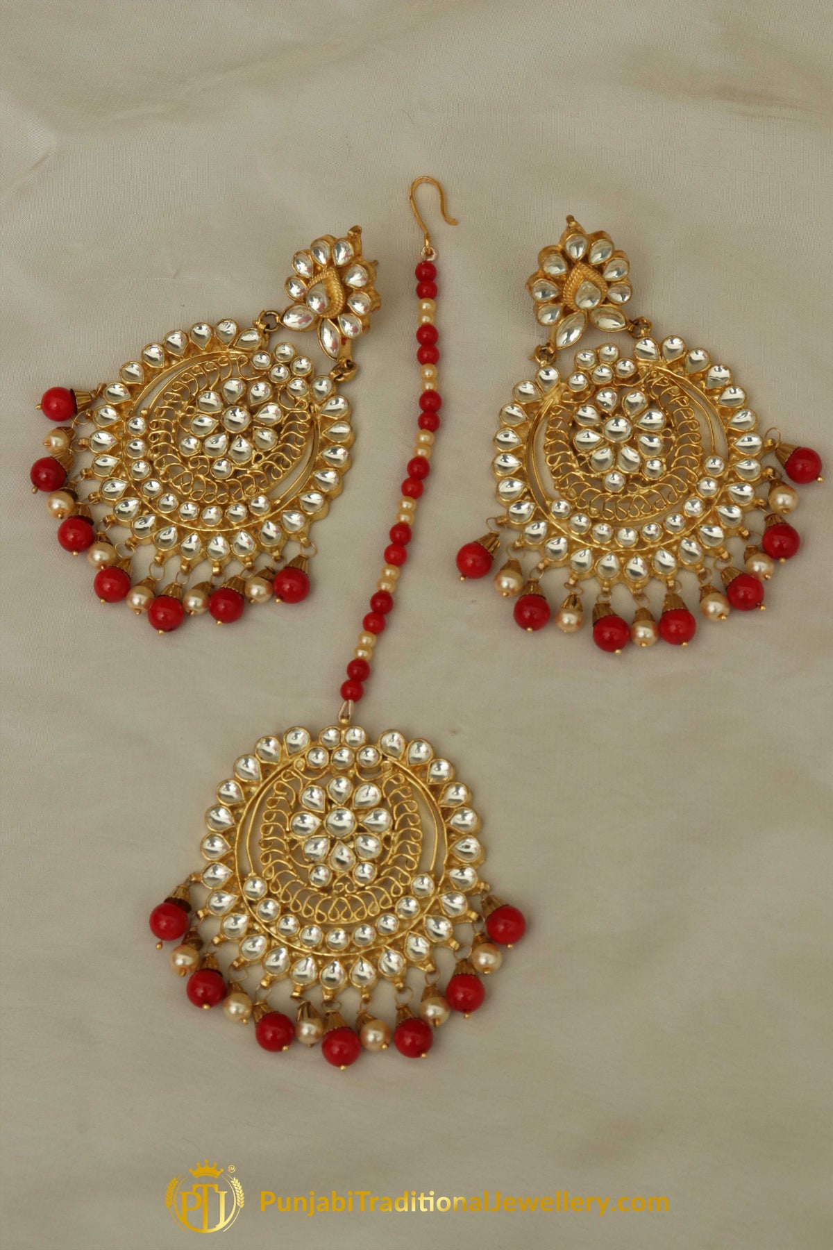 Badriyah Red Kundan Earring Tikka Set  | Punjabi Traditional Jewellery Exclusive