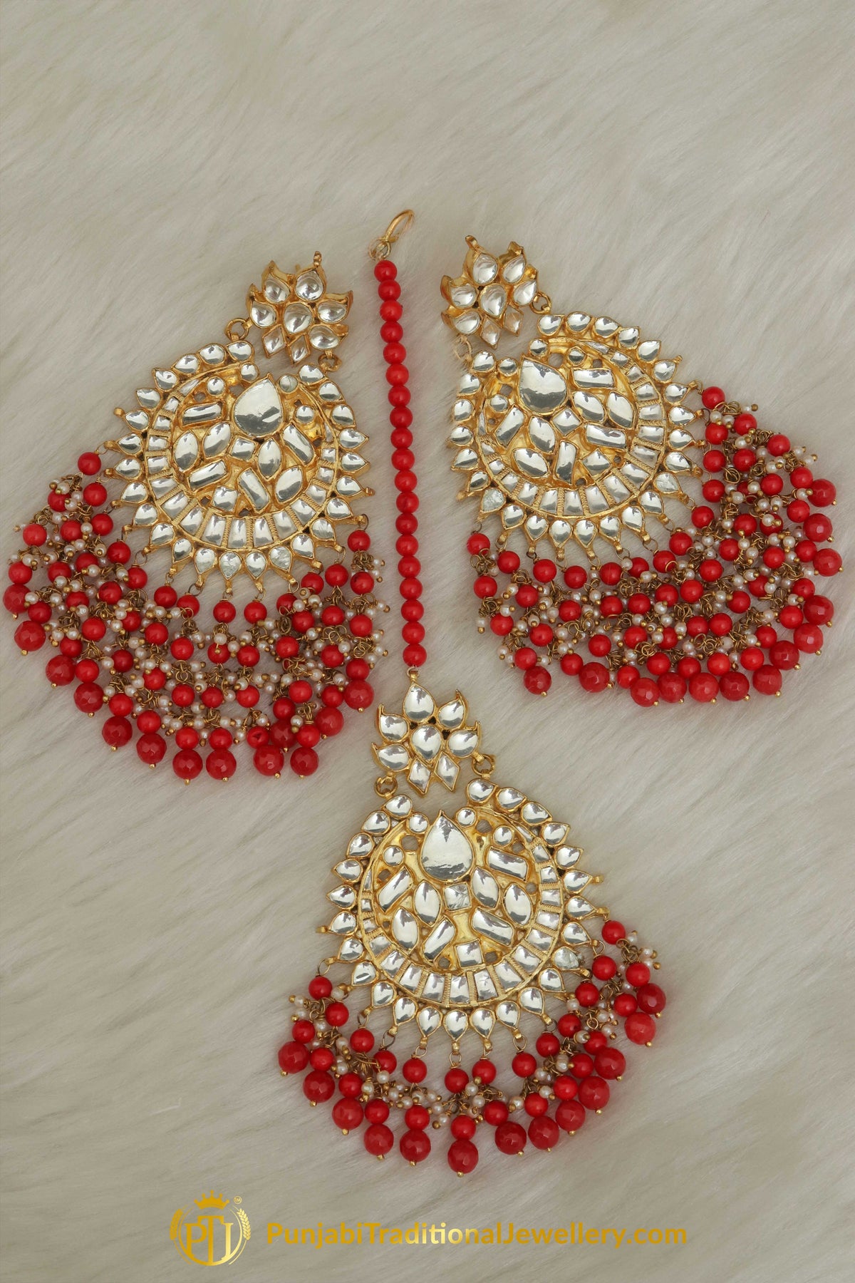 Anjum Red Kundan Earring Tikka Set | Punjabi Traditional Jewellery Exclusive