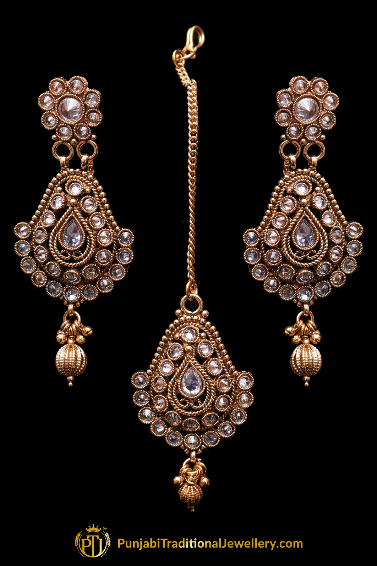 Golden Polki Earring Tikka Set By Punjabi Traditional Jewellery