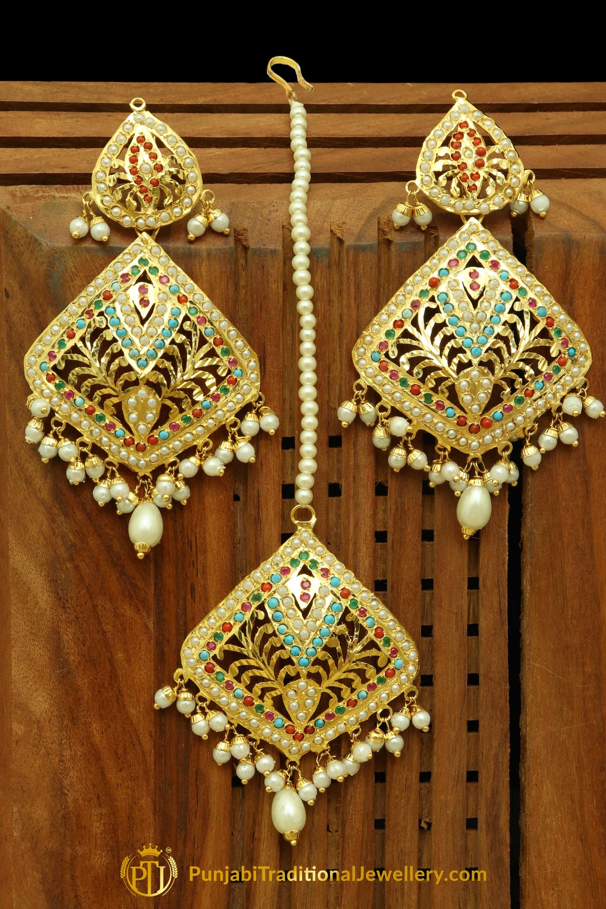 Gold Finished Navratan Jadau Earring Tikka Set By Punjabi Traditional Jewellery