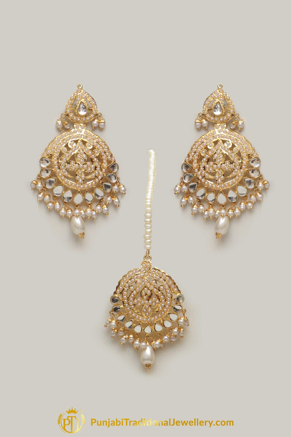 Golden Jadau Pearl Kundan Necklace Set By Punjabi Taditional Jewellery