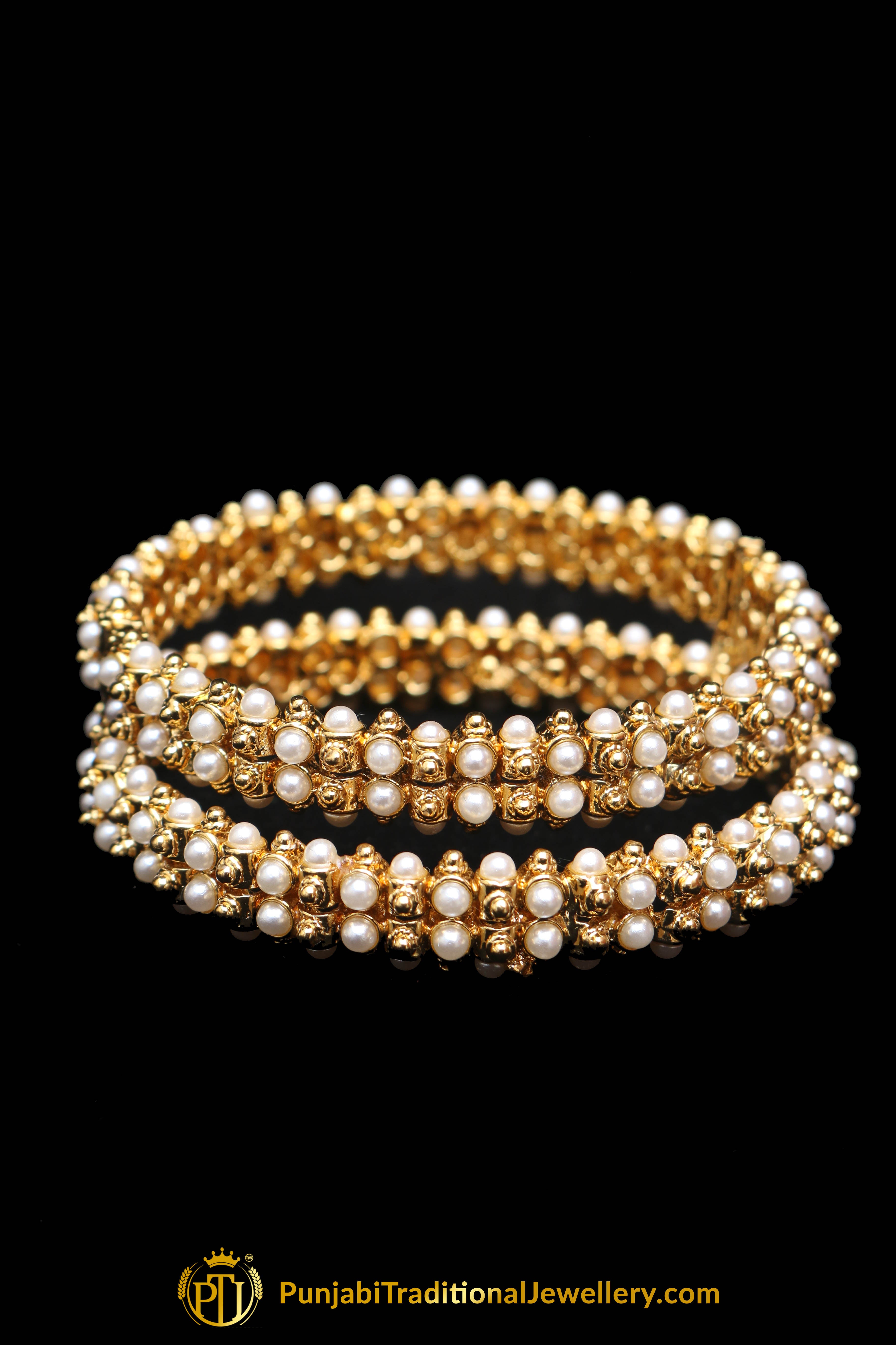 Golden & White Pearl Karra Bangles (Pair) By Punjabi Traditional Jewellery