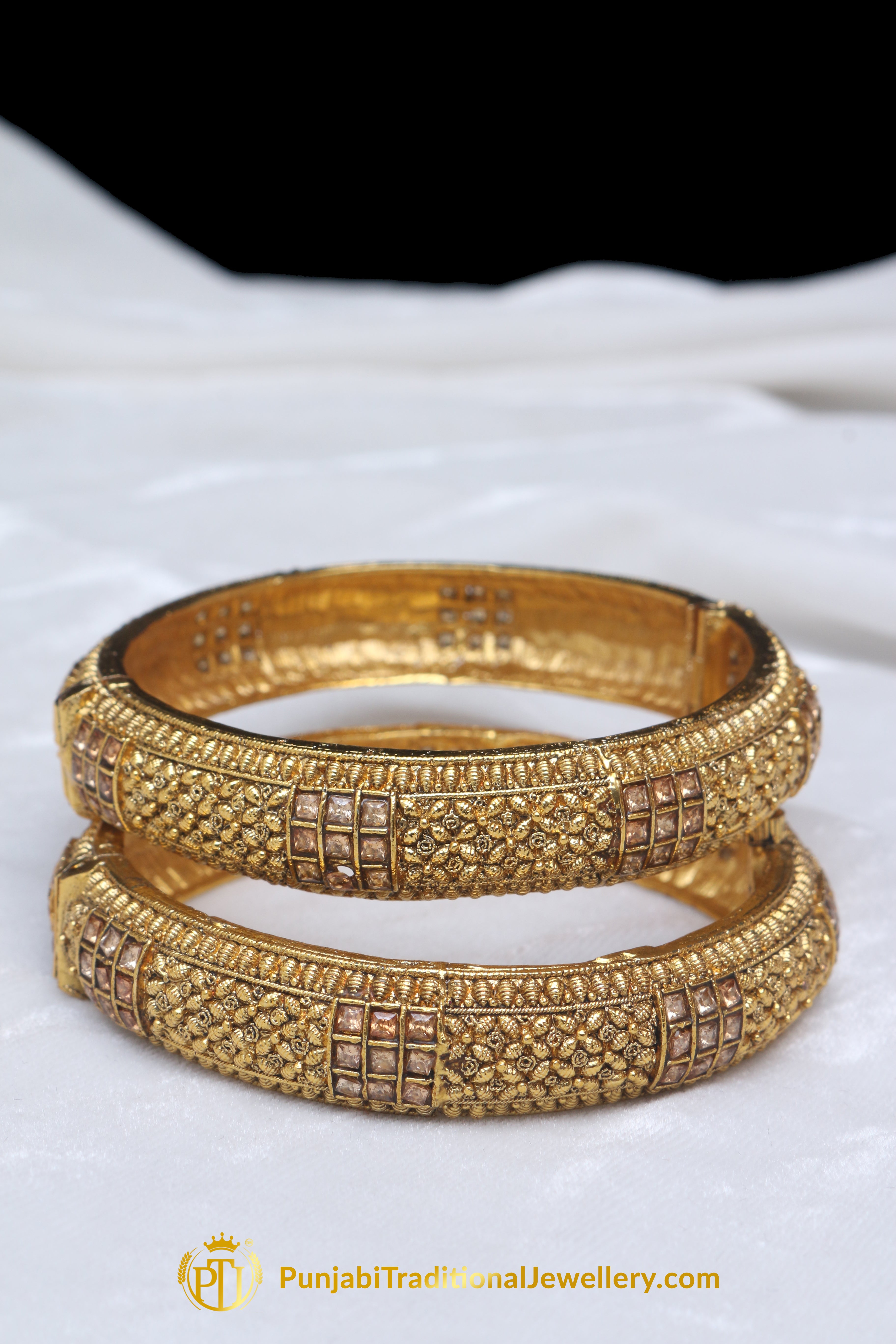Gold Finished Champagne Stone Karra Bangles (Pair) By Punjabi Traditional Jewellery