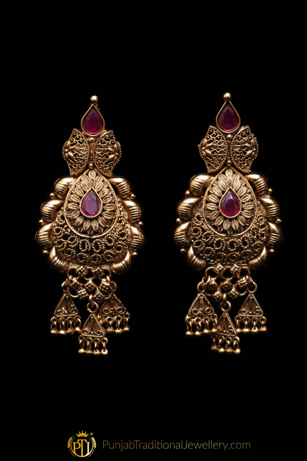 Red Antique Gold Necklace Set By Punjabi Traditional Jewellery