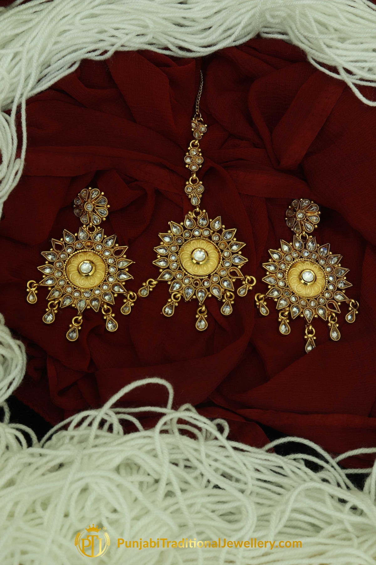 Golden Polki Earrings Tikka Set By Punjabi Traditional Jewellery