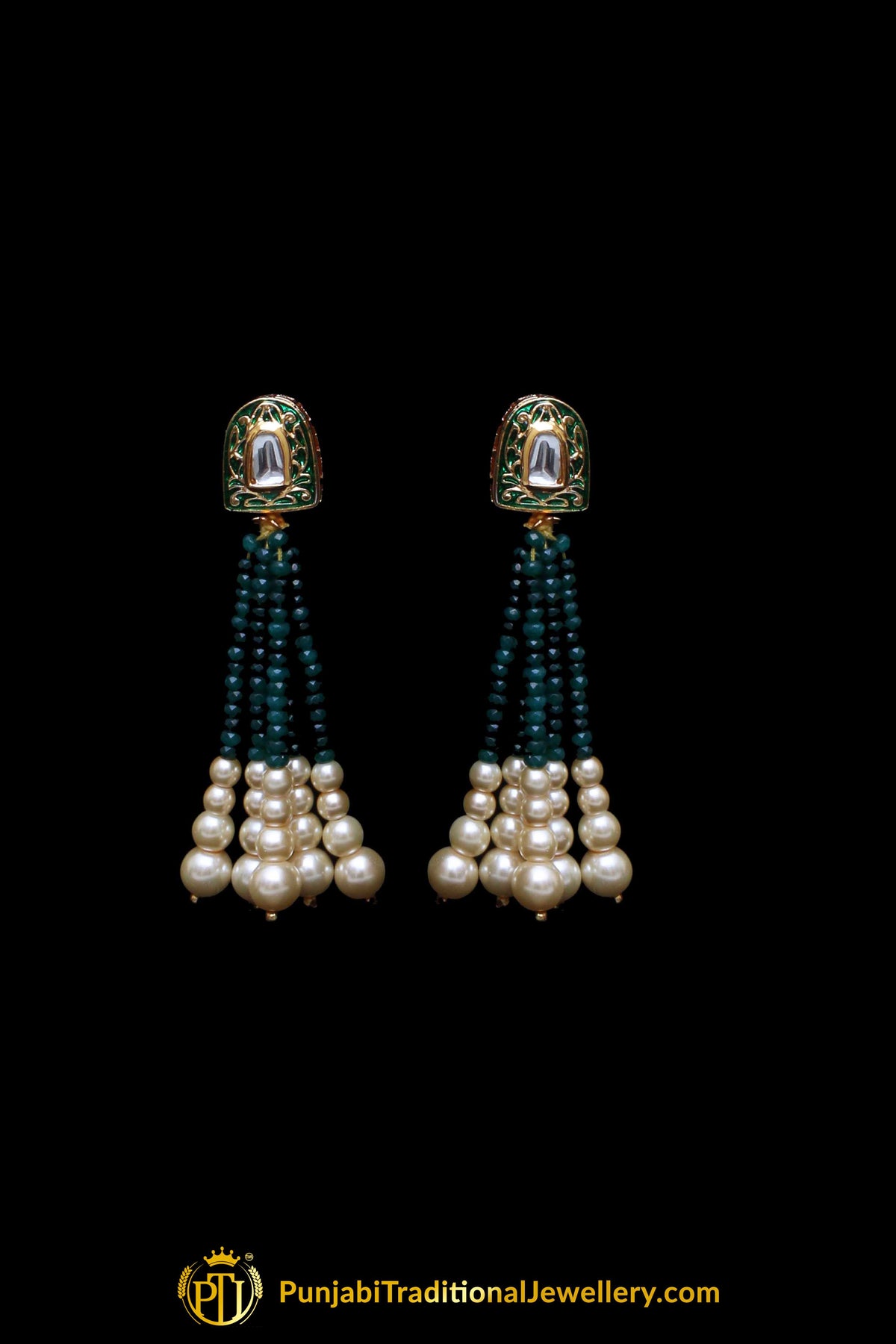 Green Kundan Pearl Necklace Set By Punjabi Traditional Jewellery