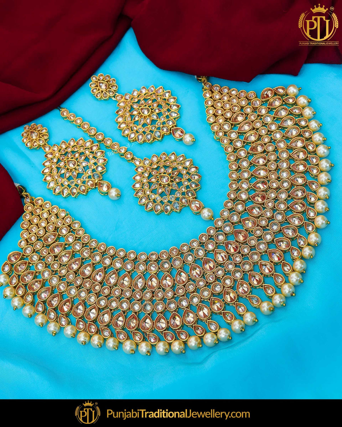 Gold Finished Champagne Stone Pearl Necklace Set  | Punjabi Traditional Jewellery Exclusive