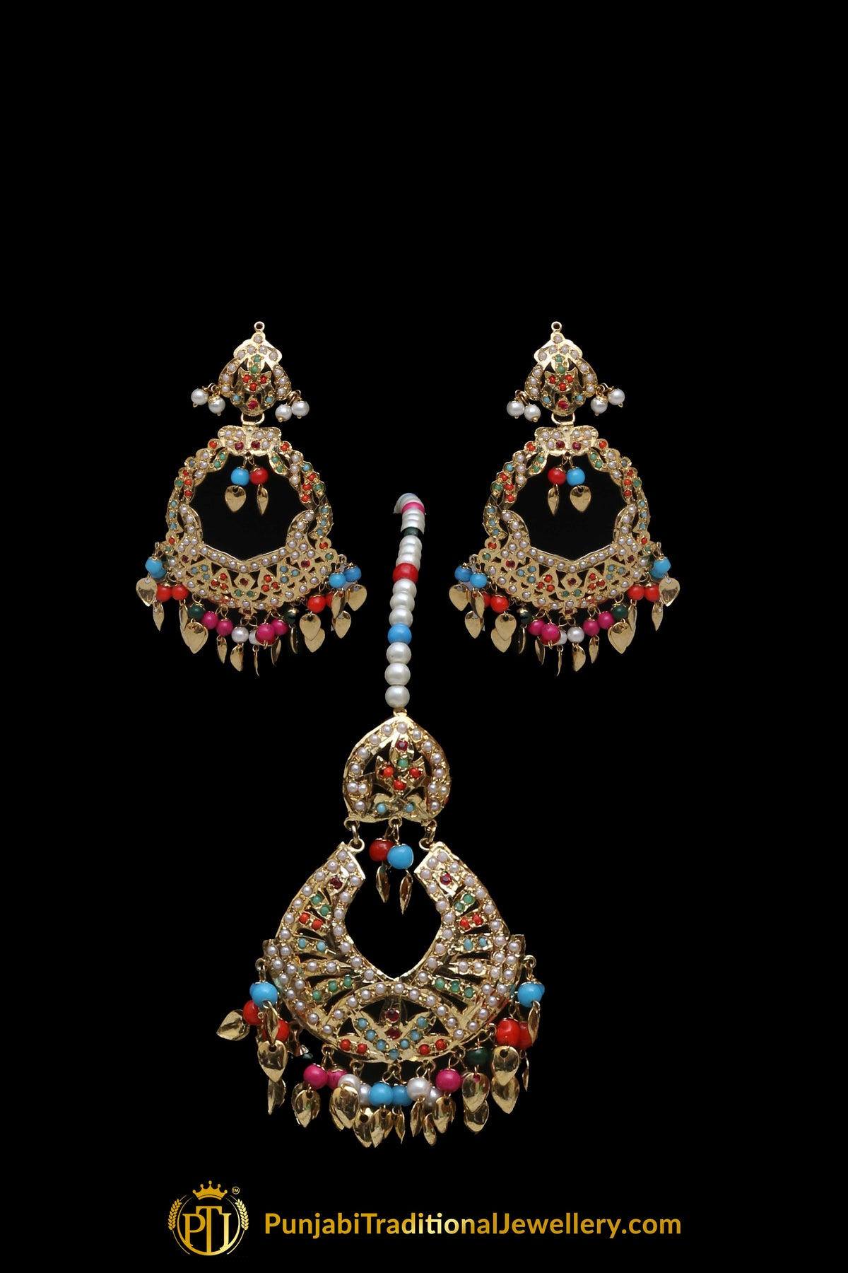 Multi Jadau Pippal Patti Necklace Set By Punjabi Traditional Jewellery