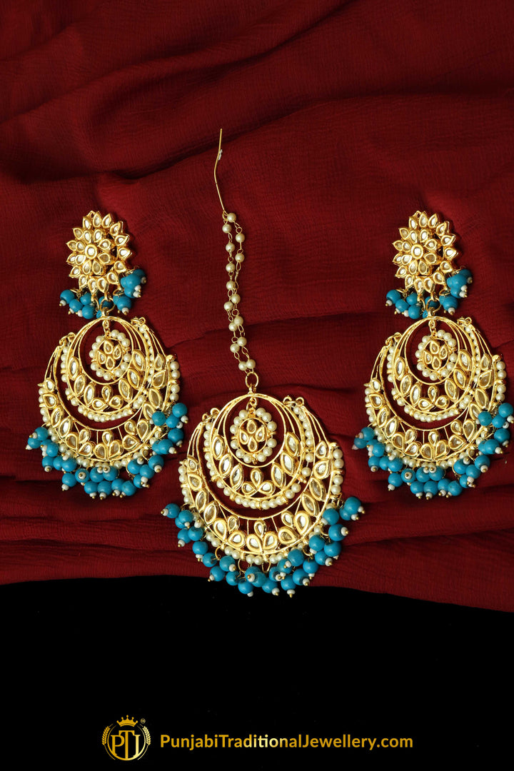 Firozi Kundan Earring Tikka Set By Punjabi Traditional Jewellery
