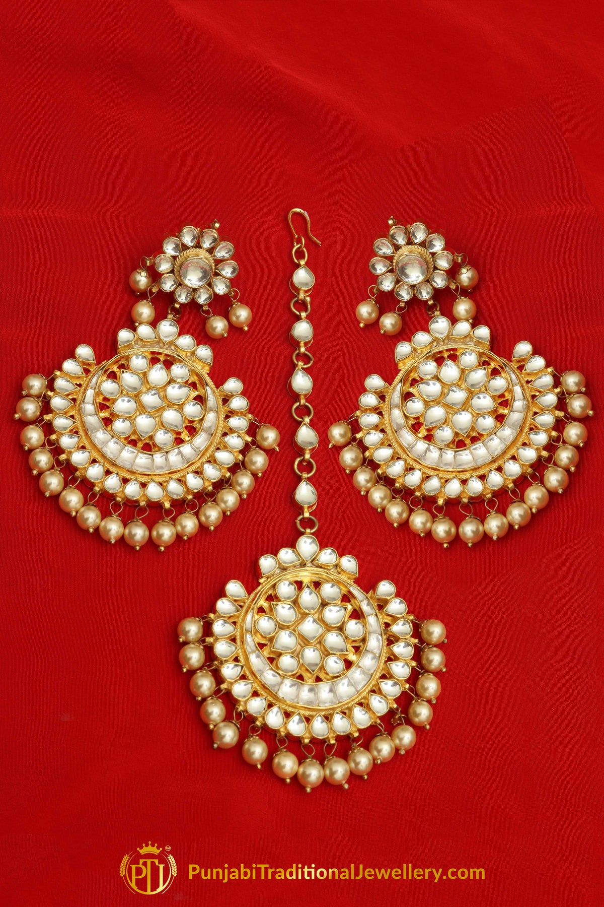 Golden Kundan Pearl Earring Tikka Set | Punjabi Traditional Jewellery Exclusive