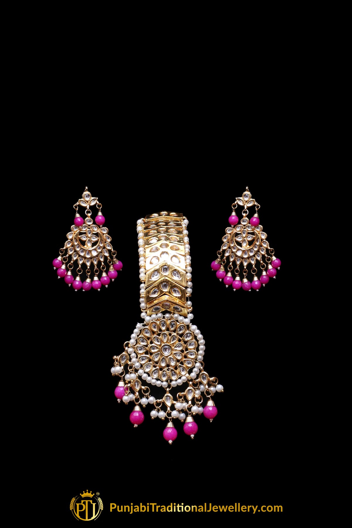 Pink Pearl Kundan Necklace Set Punjabi Traditional Jewellery
