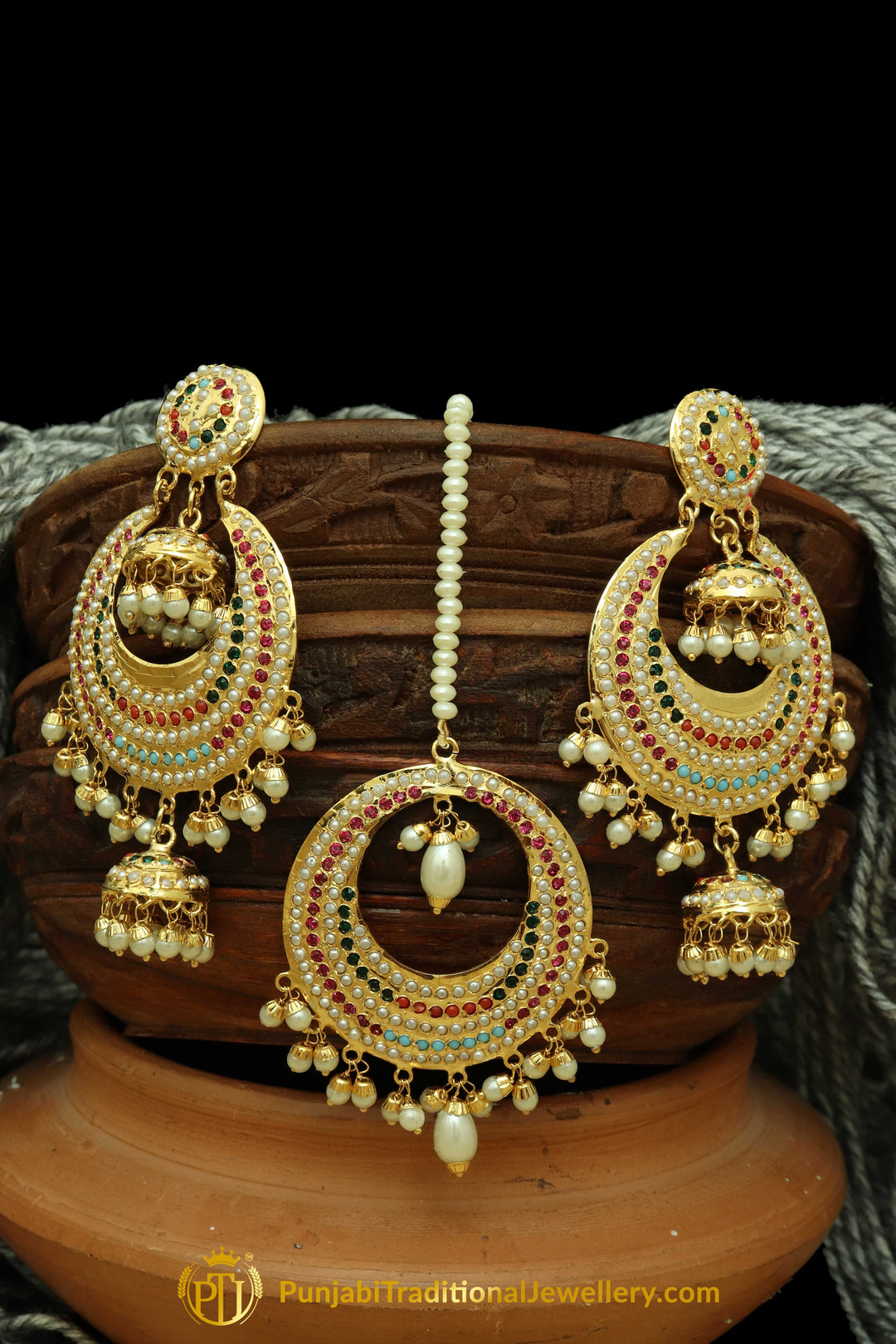 Multi Jadau Pearl Earring Tikka Set By Punjabi Traditional Jewellery