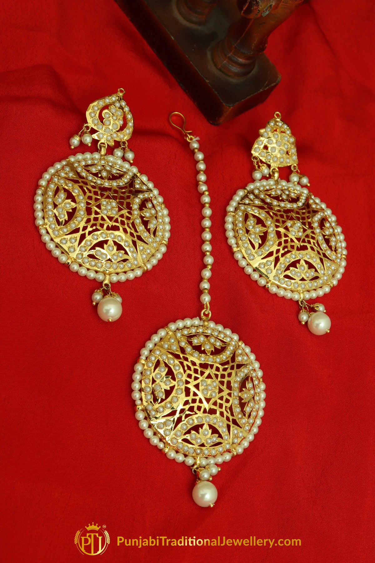 Golden Jadau Pearl Earring Tikka Set By Punjabi Traditional Jewellery