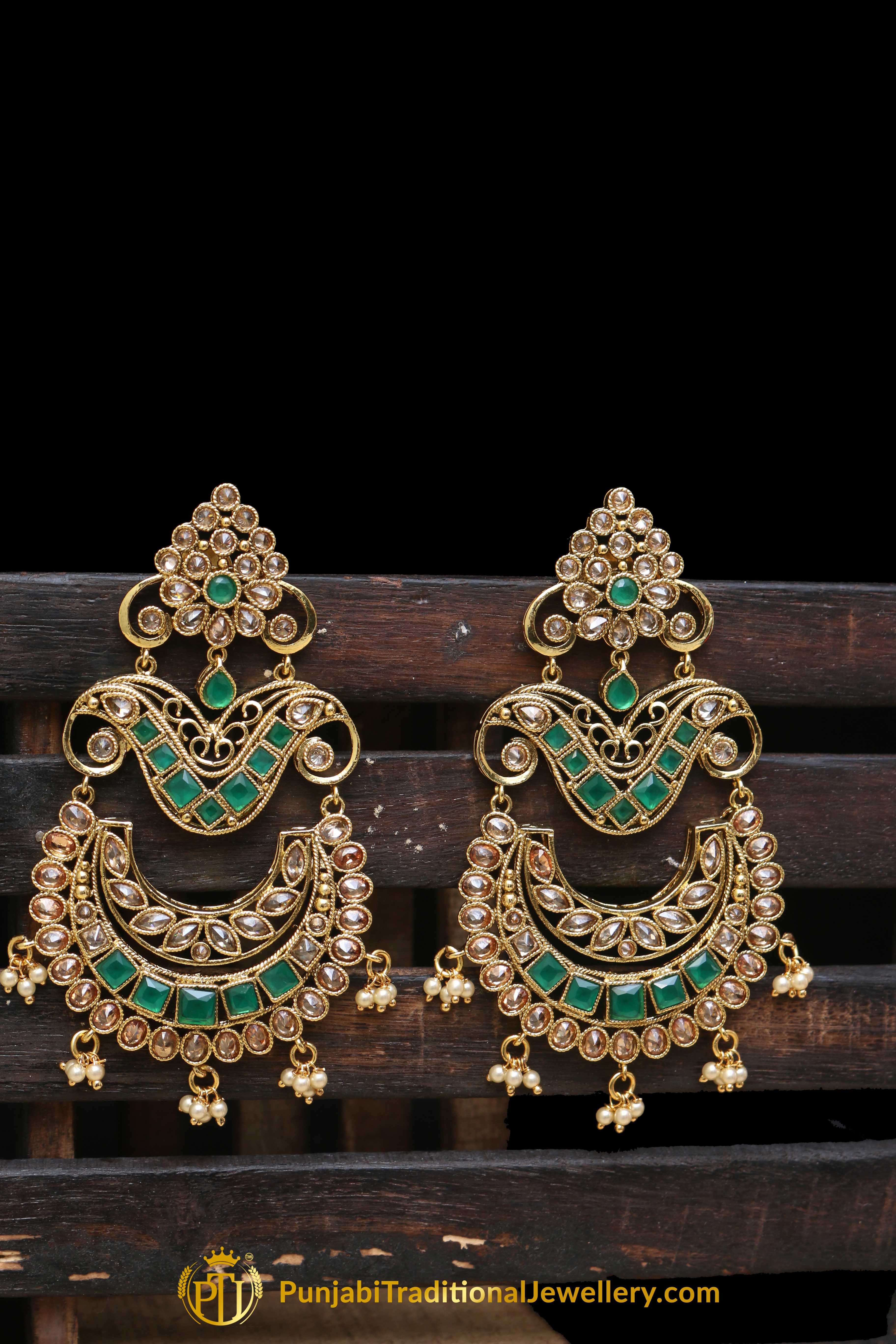 Green Champagne Stone Earrings By Punjabi Traditional Jewellery