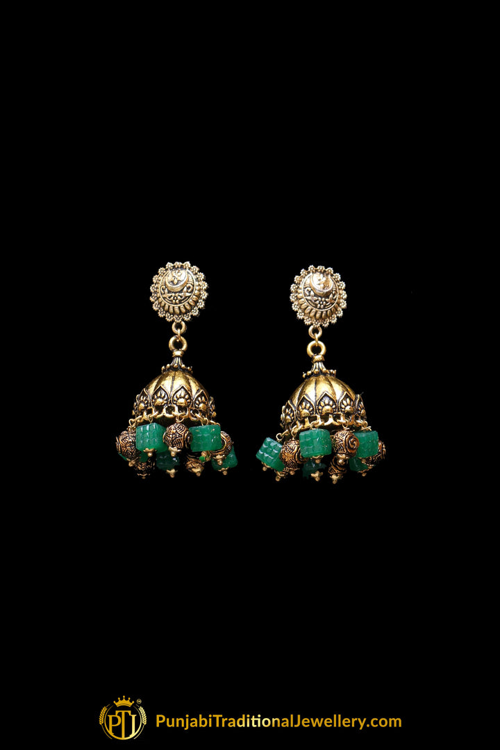 Green Antique Gold Necklace Set By Punjabi Traditional Jewellery