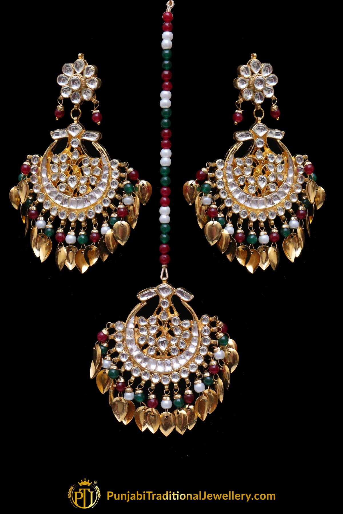 Aamsya Gold Plated Red Green Pippal Patti Kundan Earring Tikka Set By Punjabi Traditional Jewellery
