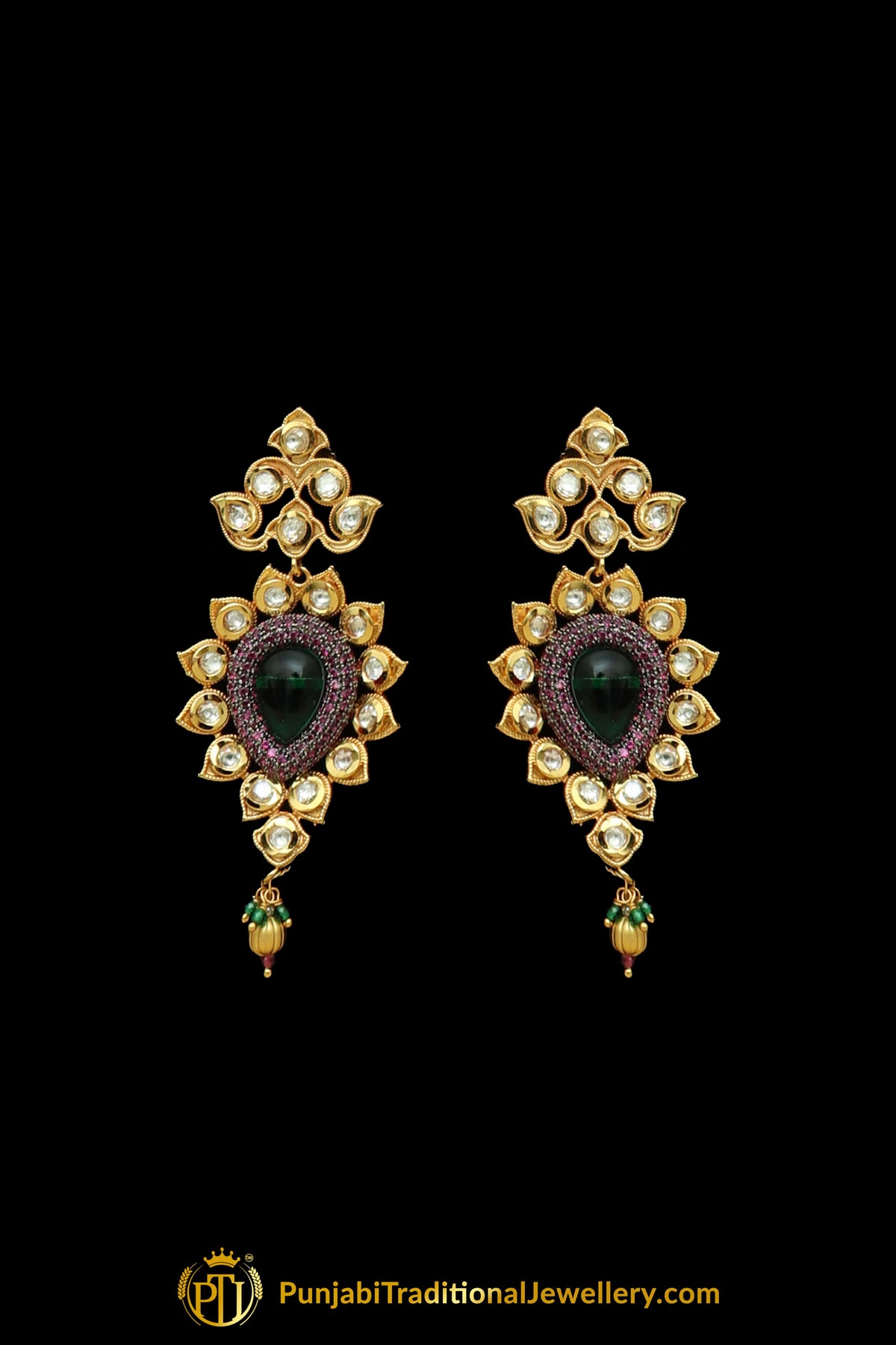 Matt Gold Green Kundan Necklace Set By Punjabi Taditional Jewellery