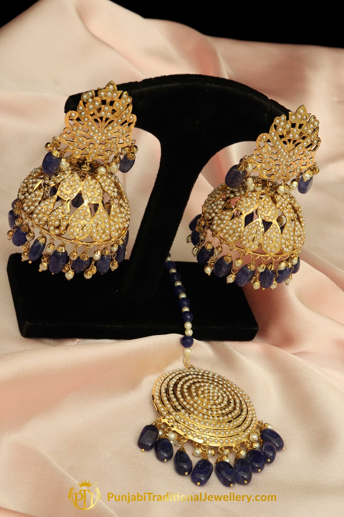 Blue Jadau Pearl Jhumki Earrings & Tikka Set By Punjabi Traditional Jewellery