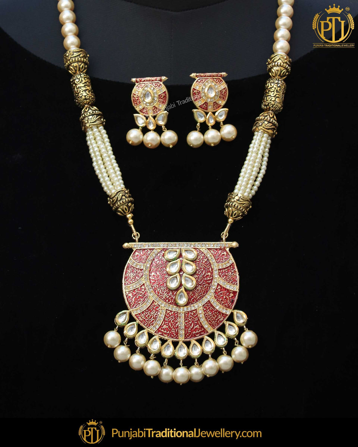Gold Finished Rubby Kundan Long Pearl Necklace Set | Punjabi Traditional Jewellery Exclusive