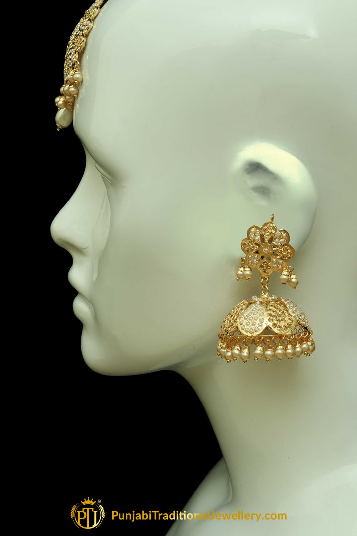 Yellow Jadau & Jhumki Earring Tikka Set By Punjabi Traditional Jewellery Earrings