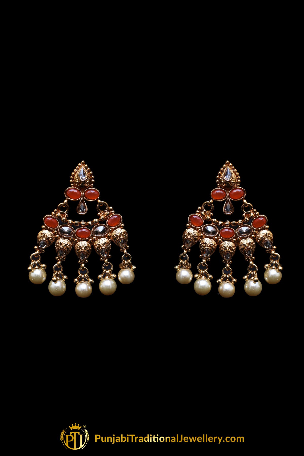 Orange White Pearl Polki Necklace Set By Punjabi Taditional Jewellery