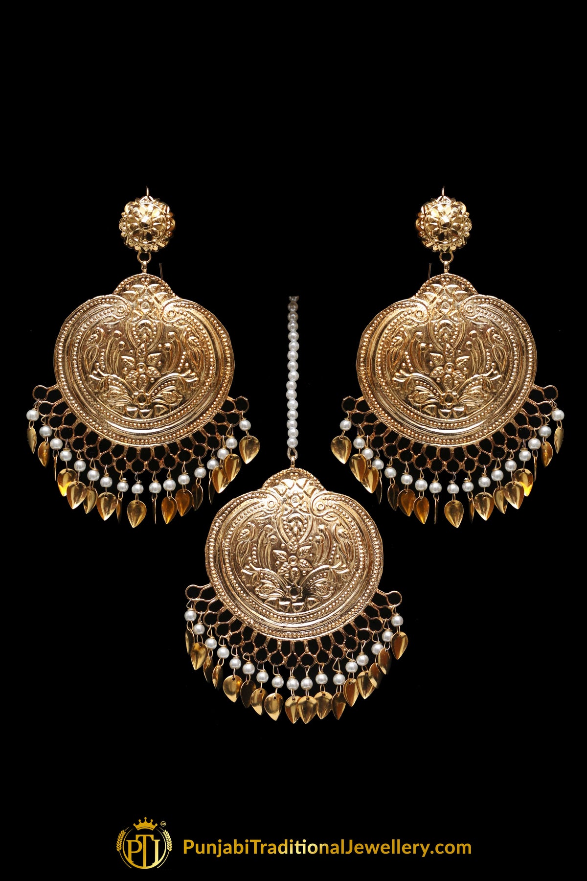 Golden Pippal Patti Earring Tikka Set By Punjabi Traditional Jewellery