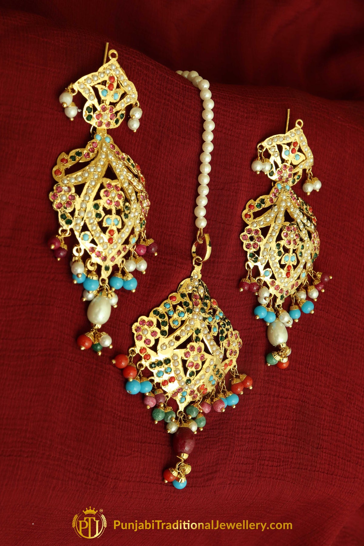 Multi Jadau Pearl Earring Tikka Set By Punjabi Traditional Jewellery